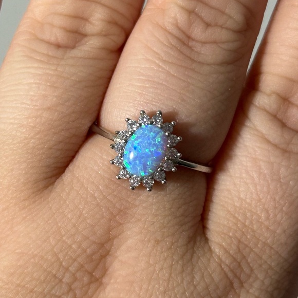 S925 Sterling Silver Clear Sunflower Sea Blue Opal Cubic Zirconia Ring - Picture 5 of 7